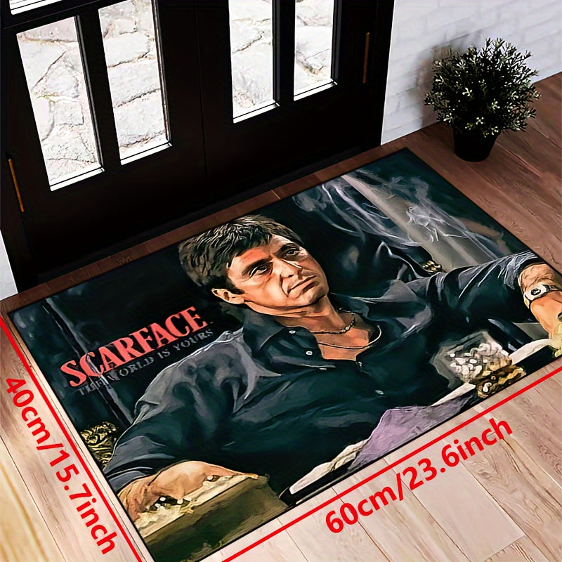 Qattiq yopishqoq bo'lmagan, mashina yuviladigan polyester eshik matto gilami, 1 m² uchun 1000g qalin fil't konstruktsiyasiga ega. Matto 15x23 dan 63x78 dyuymgacha o'lchamlarda 1 ta bo'lakda va qora fon ustida o'tirgan erkak tasvirini namoyish etadi.