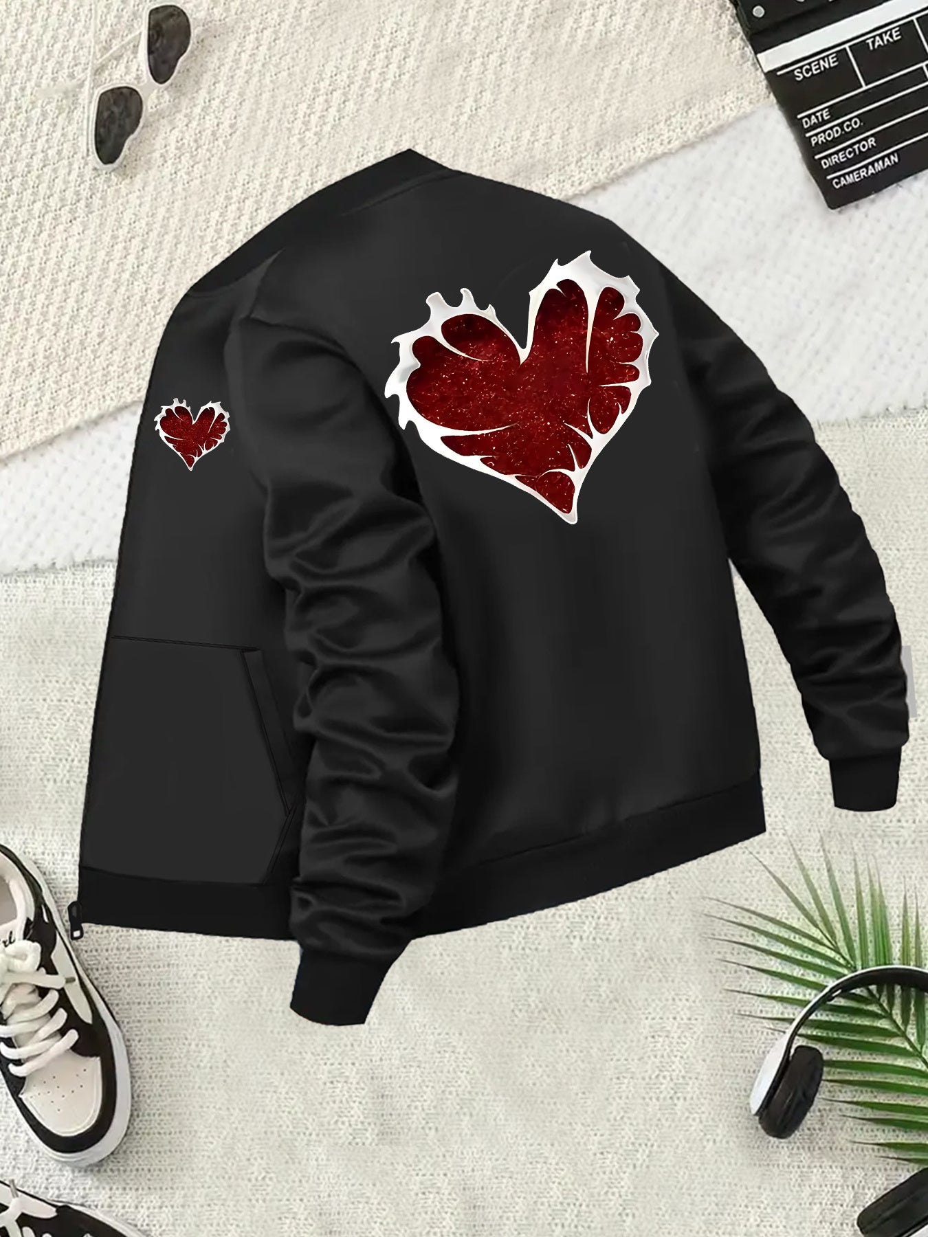 Plus Size Women's Casual Baseball Collar Jacket with Glitter Heart Black Red