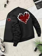 Plus Size Women's Casual Baseball Collar Jacket with Glitter Heart Black Red