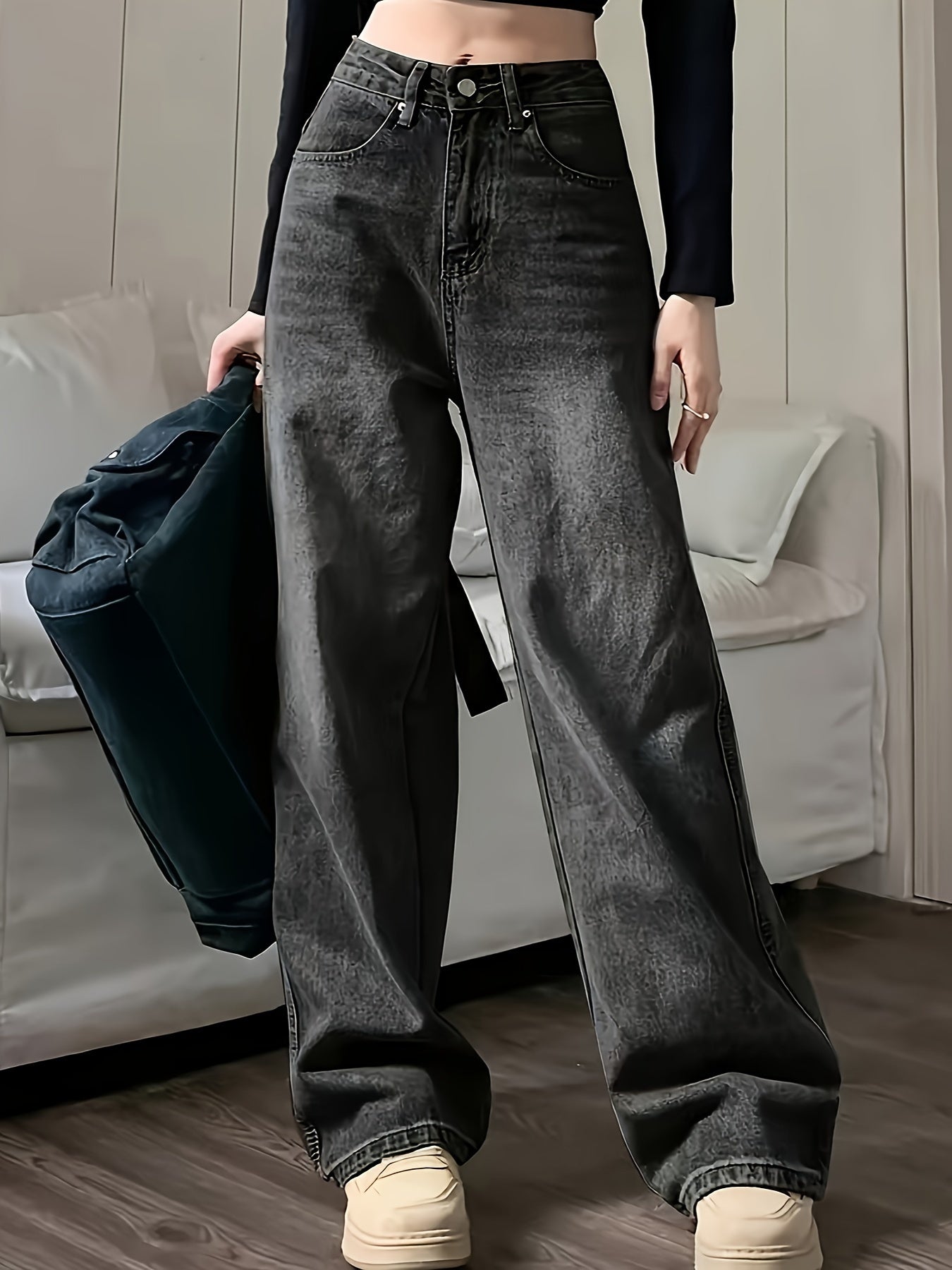 Women's Distressed Blue Denim Jeans High Rise Wide Leg Zipper Button Closure