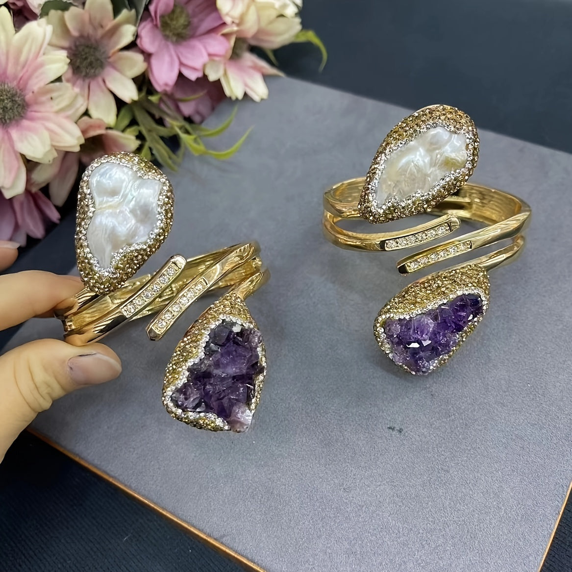 Natural Uruguayan Amethyst Baroque Pearl Beaded Bracelet for Women Copper Jewelry