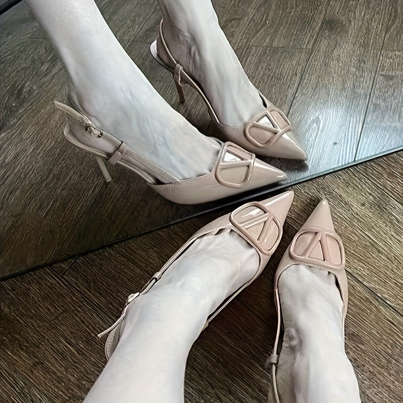 Women’s Pointed Toe Stiletto High Heels Beige Synthetic Cover Buckle Strap Rubber Sole