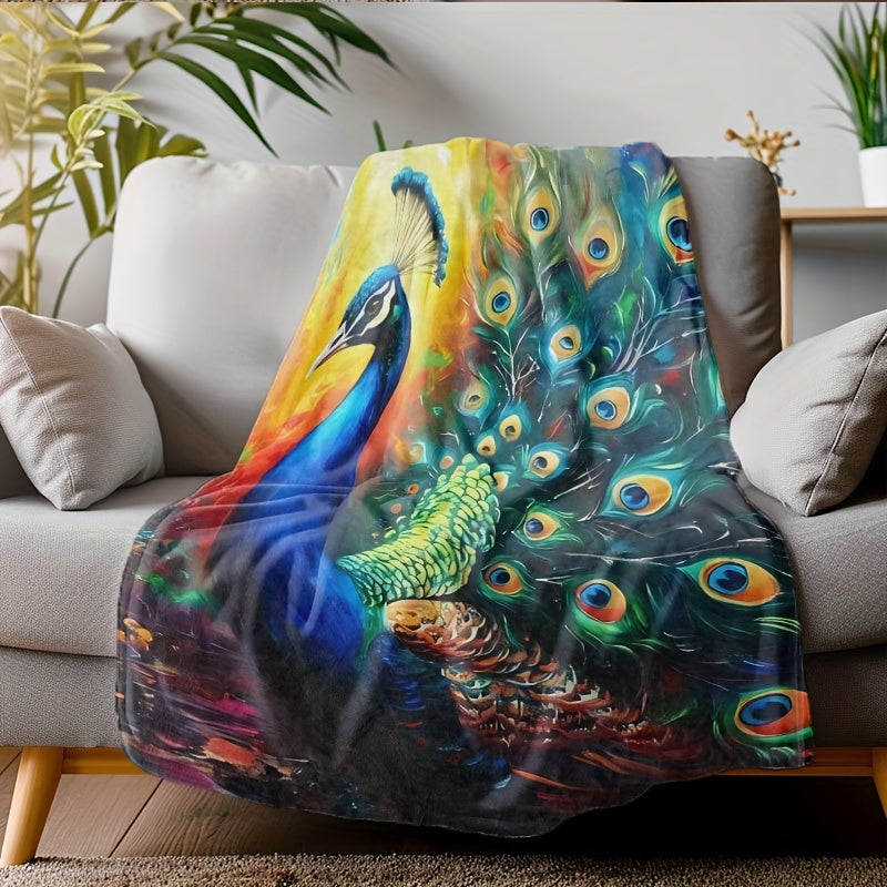 Peacock Print Flannel Throw Blanket for All Seasons Hand Washable Stylish