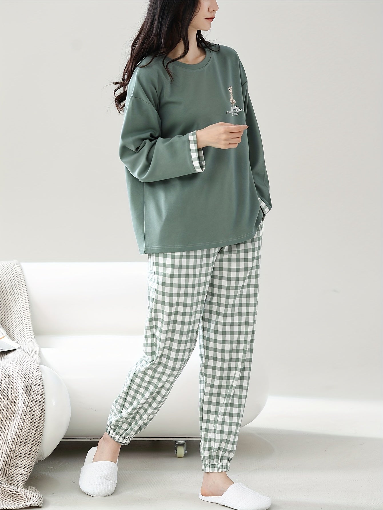 Women's Cotton Pajama Set with Cartoon Print Top and Checkered Pants for Spring Fall