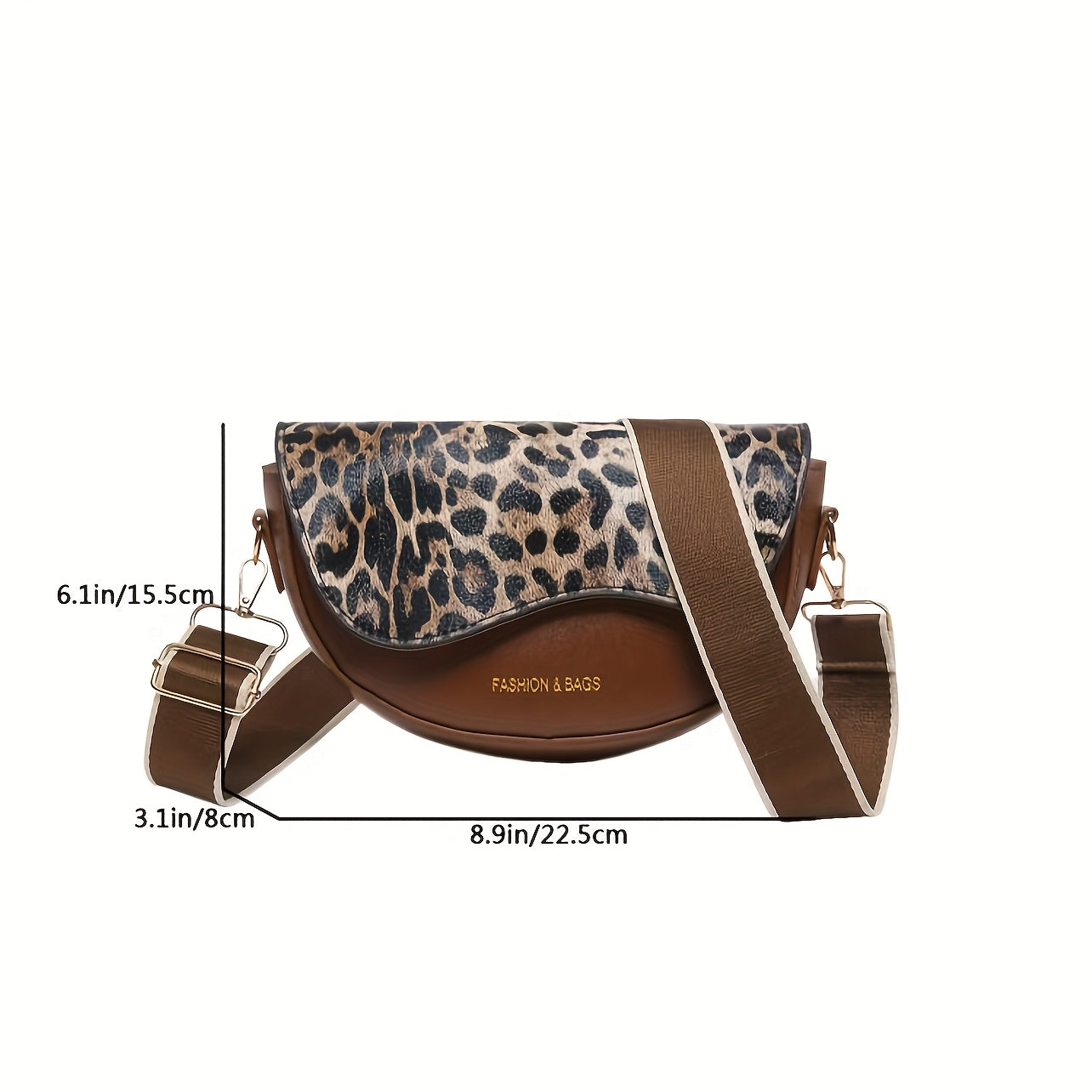 Vintage Style Crossbody Bag with Leopard Print Flap and Magnetic Closure in Black and Dark Brown Synthetic Leather