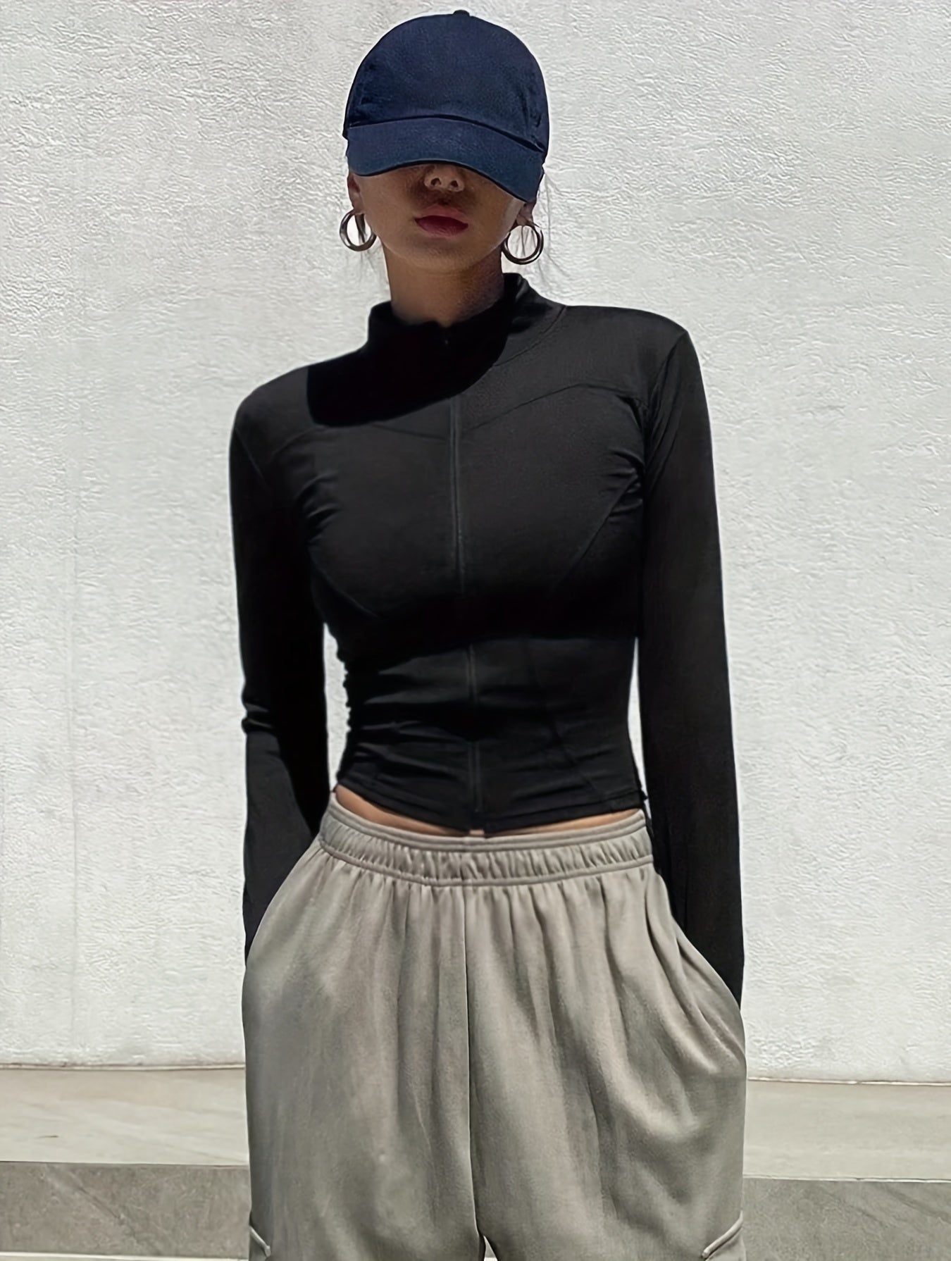 Women's Slim Fit Long Sleeve Mock Neck Zipper Top for Spring and Fall