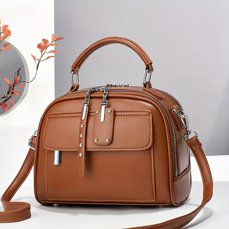 Women's Black PU Casual Shoulder Bag with Zipper Closure and Polyester Lining