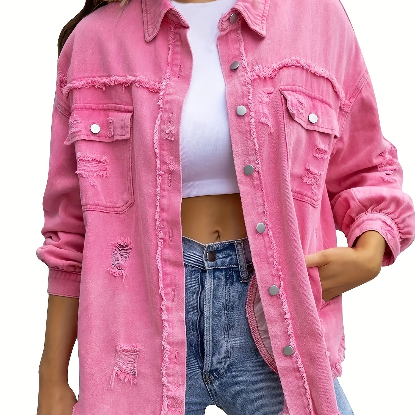Women's Plus Size Distressed Denim Shirt with Raw Hem and Flap Pockets