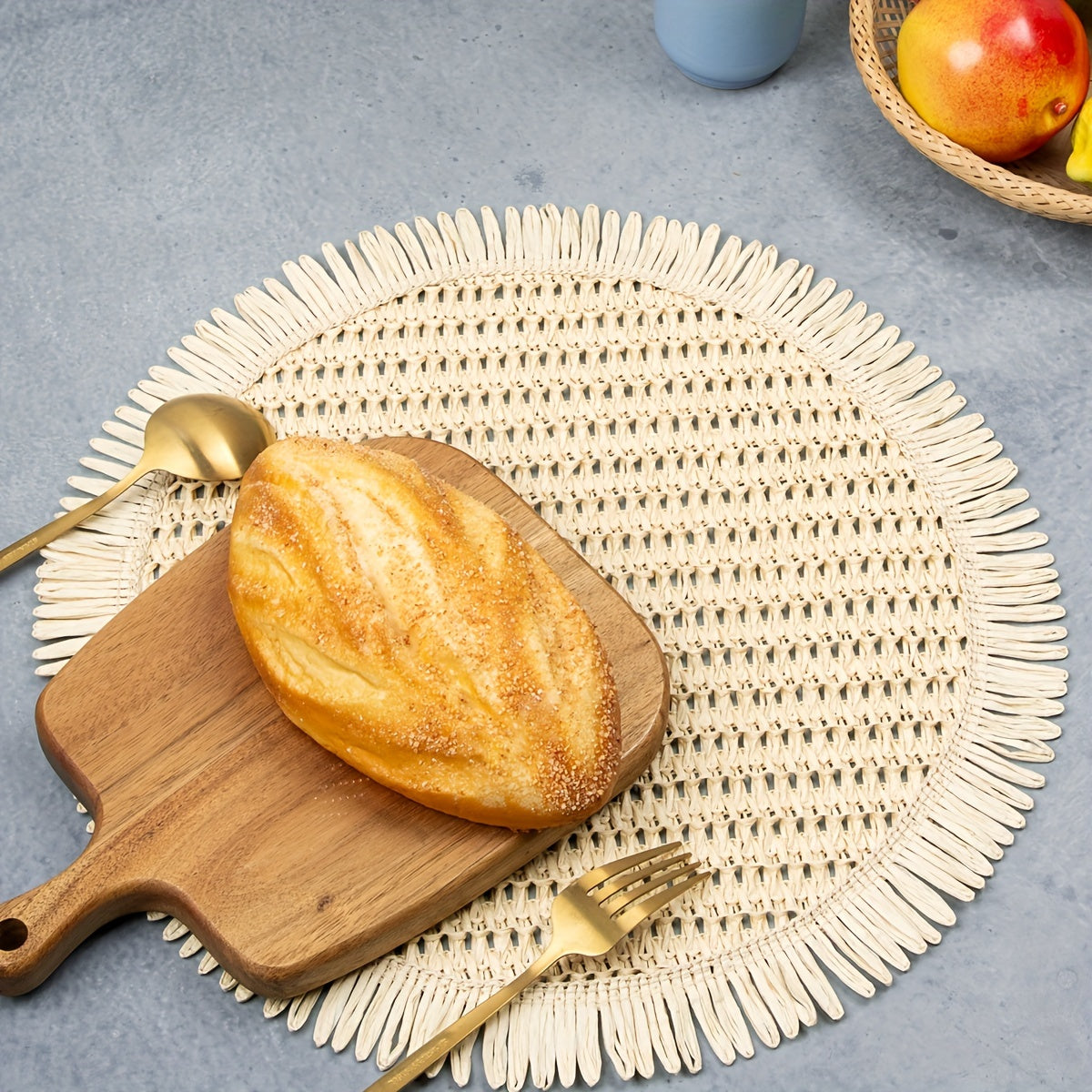 Individual de yute redondo con flecos, tapete rústico de granja para mesa, para comer en interiores y exteriores