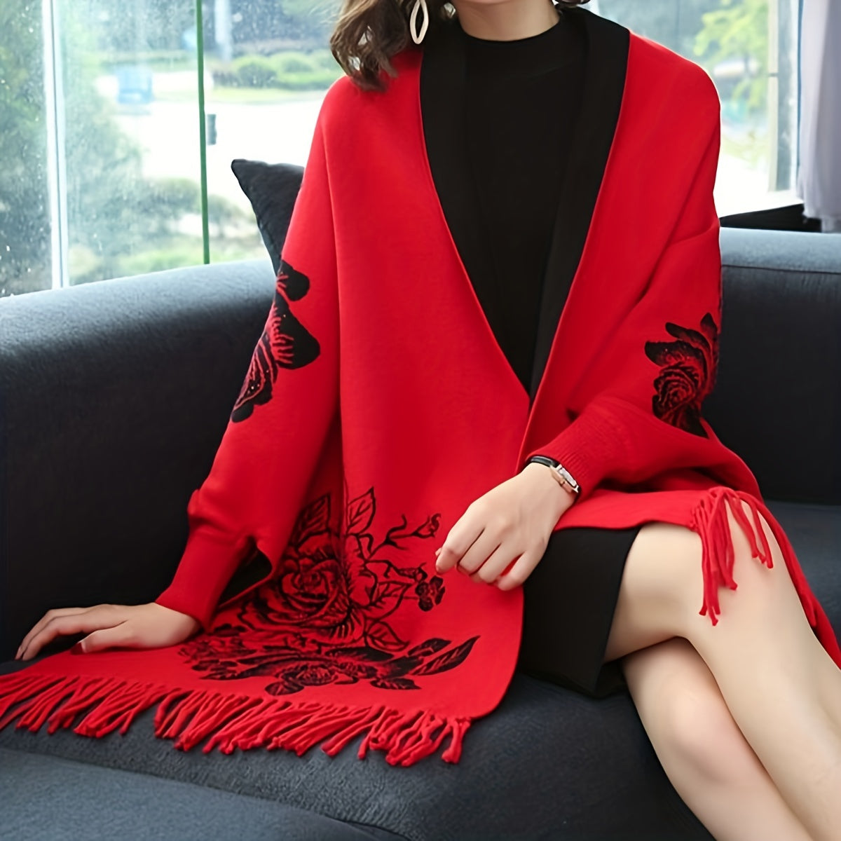 Women's Reversible Jacquard Warm Cape Shawl with Brooch Stylish Wrap