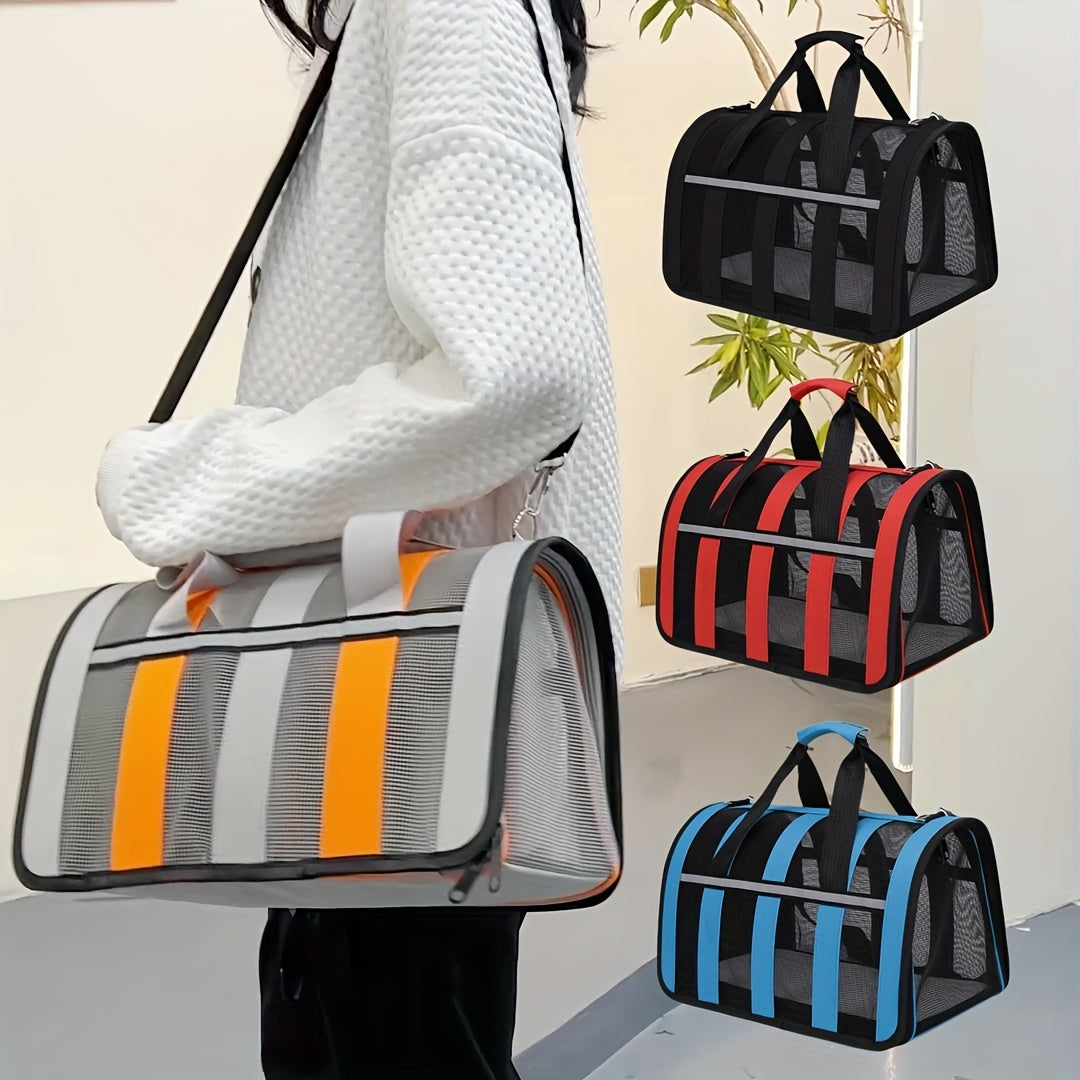 Портативная сумка для переноски домашних животных с сетчатыми окнами, прочный полиэстер, застежка на молнии, складной дизайн и плечевой ремень для путешествий с кошками и собаками.