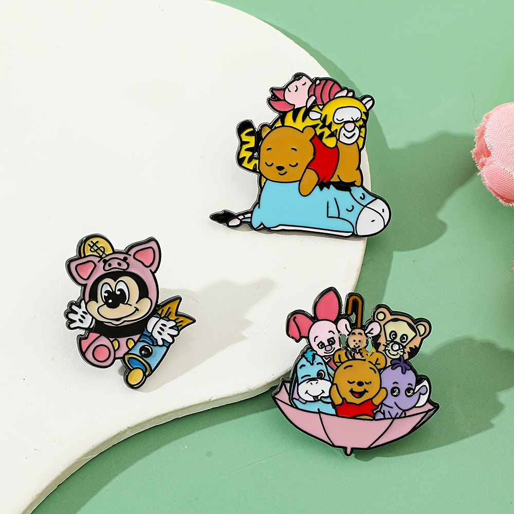 Set of 3 Cartoon Animal Enamel Brooch Pins Alloy Metal Irregular Shape for Clothing and Backpacks
