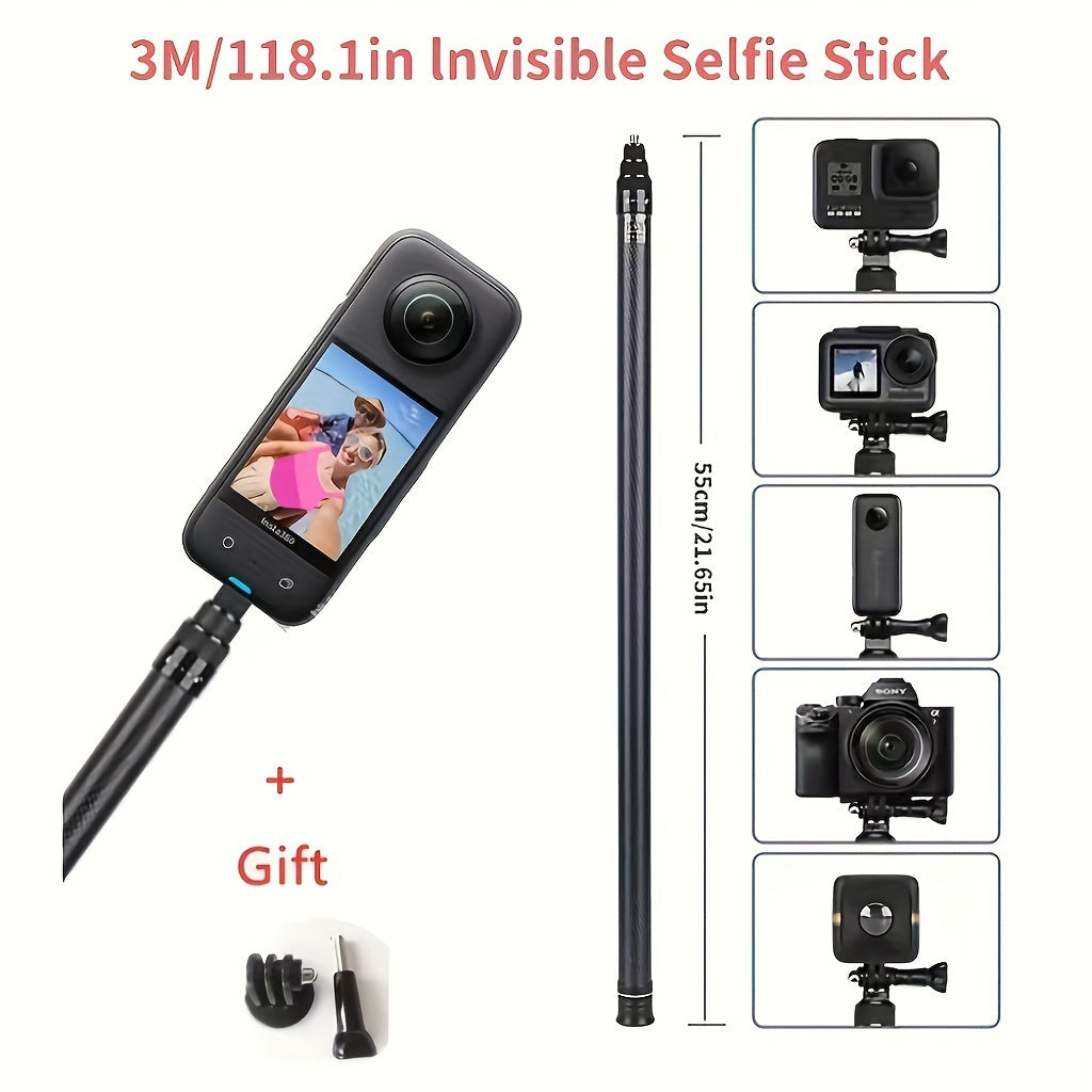 3m Carbon Fiber Selfie Stick Adjustable Length for Cameras with Adapter for Action Cameras