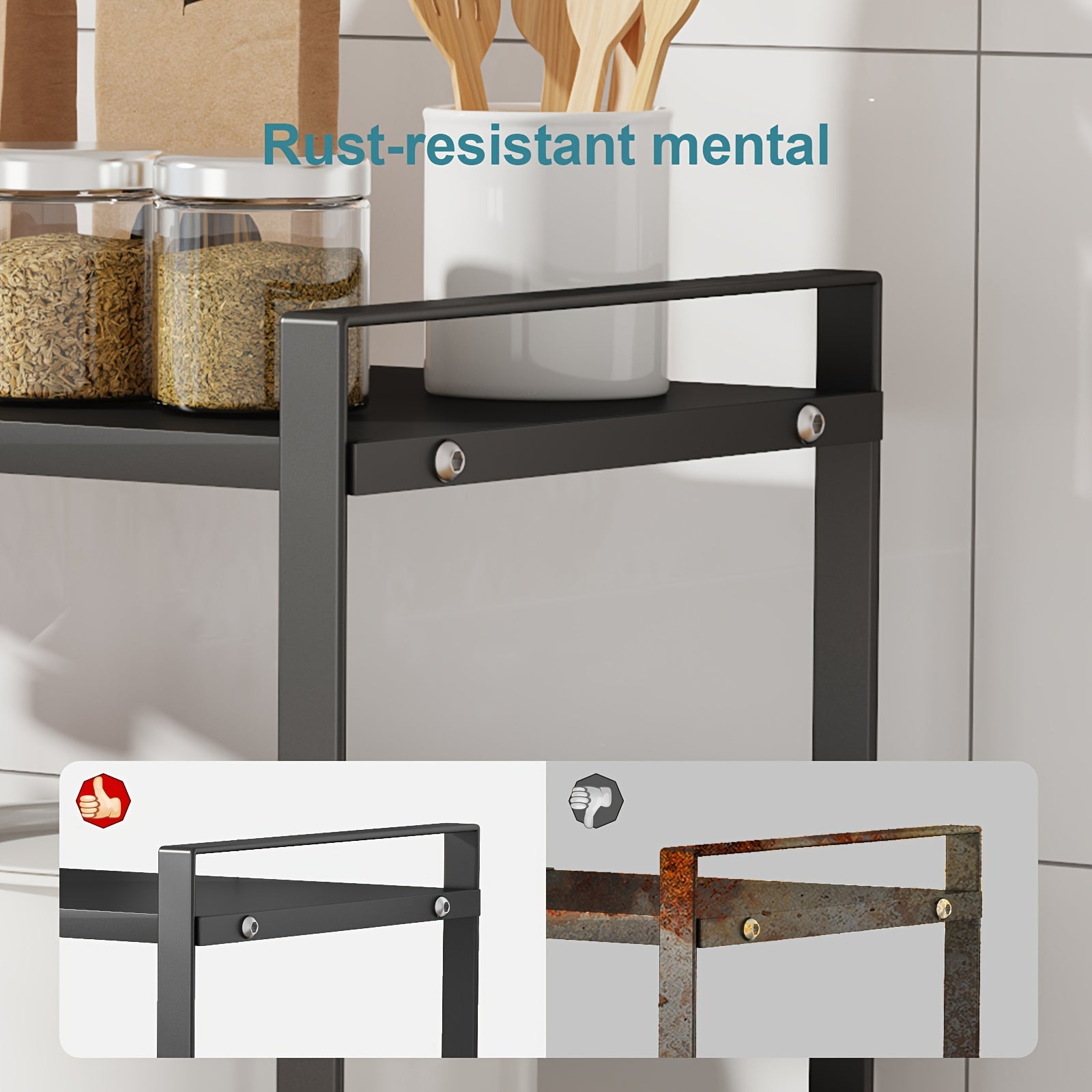 Kichik oshxona ombori uchun 2-qavatli qora metall kengaytiriladigan saqlash tashkilotchisi polka