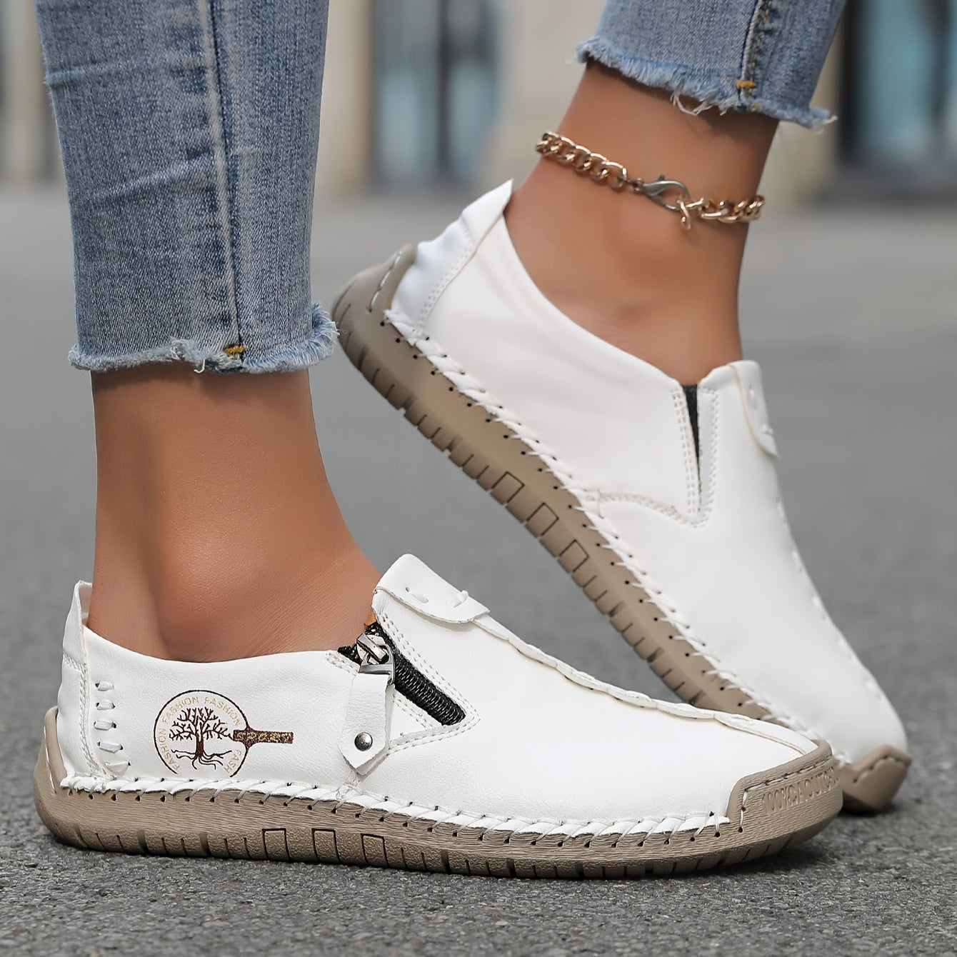 Women's Faux Leather Loafers with Elastic Panels Non-Slip Rubber Sole