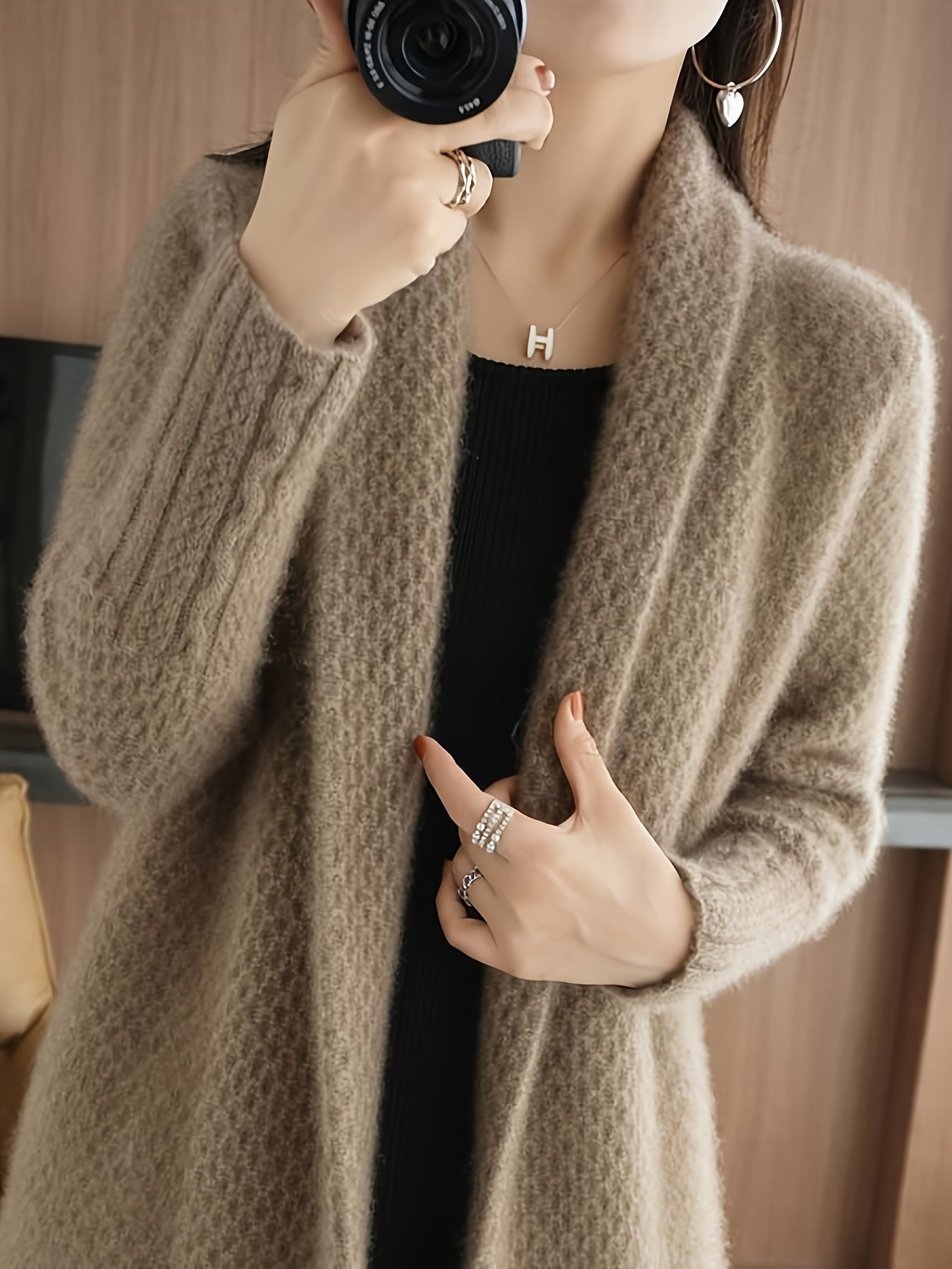 Women's Long Cardigan Sweater Knit Fabric Over-the-Knee Solid Color Autumn Winter