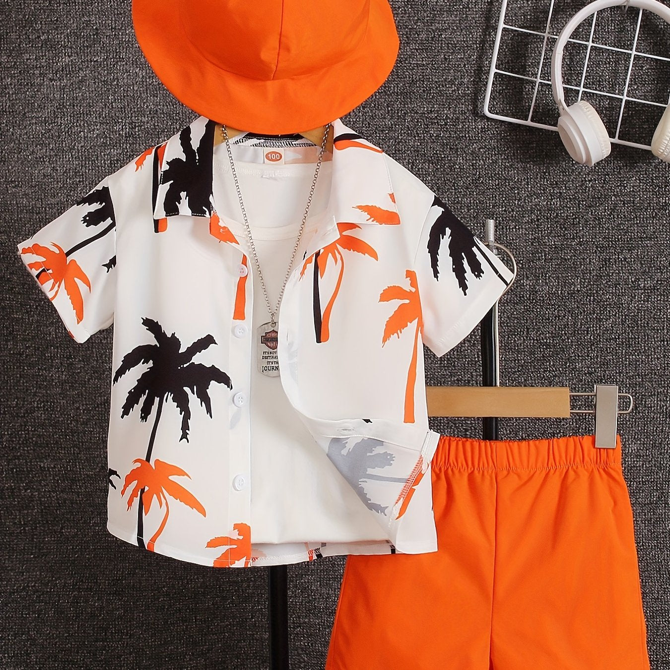 Boys Summer Clothing Set with Coconut Tree Graphic Shirt Shorts Hat for Kids