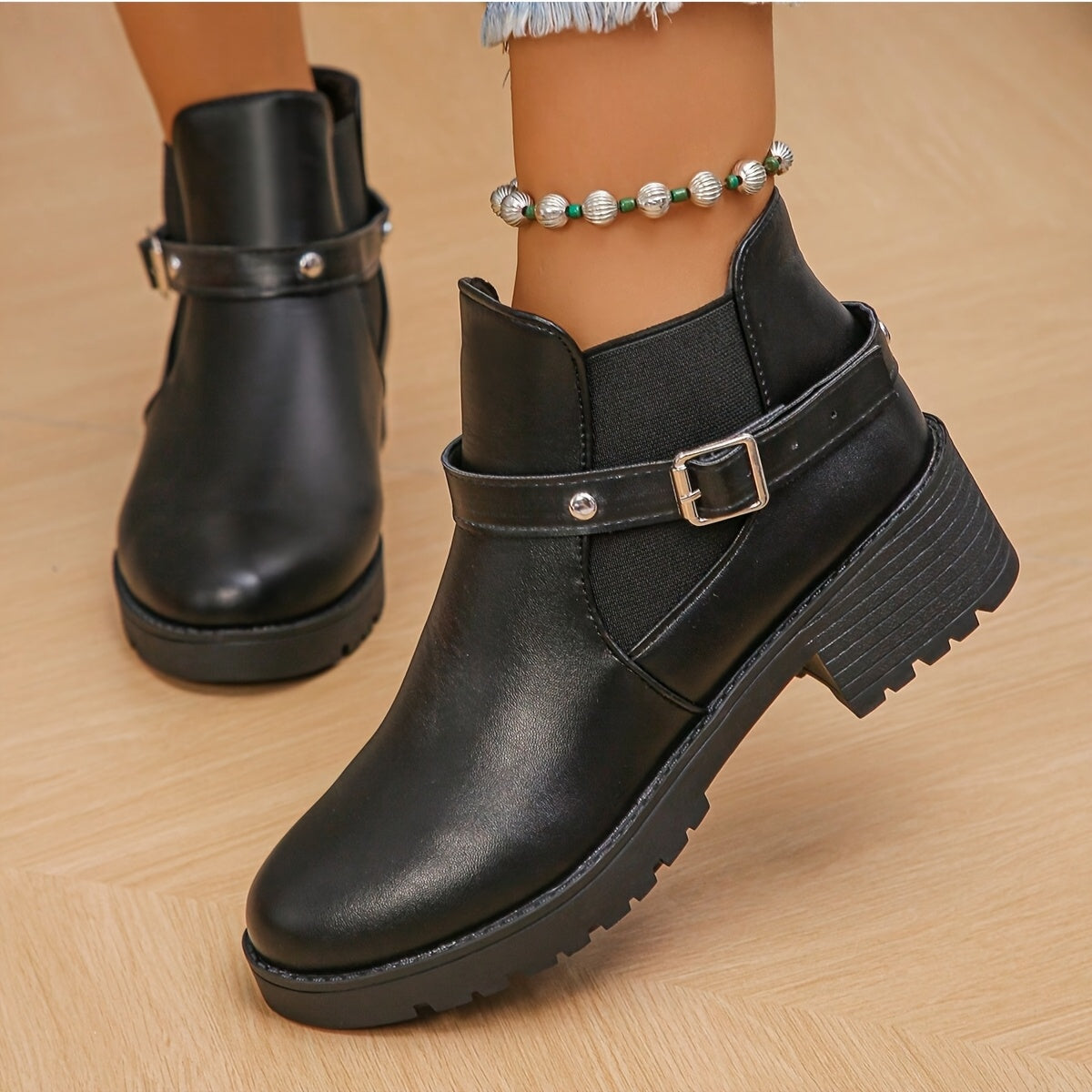 Women's Black Faux Leather Ankle Boots With Chunky Heel