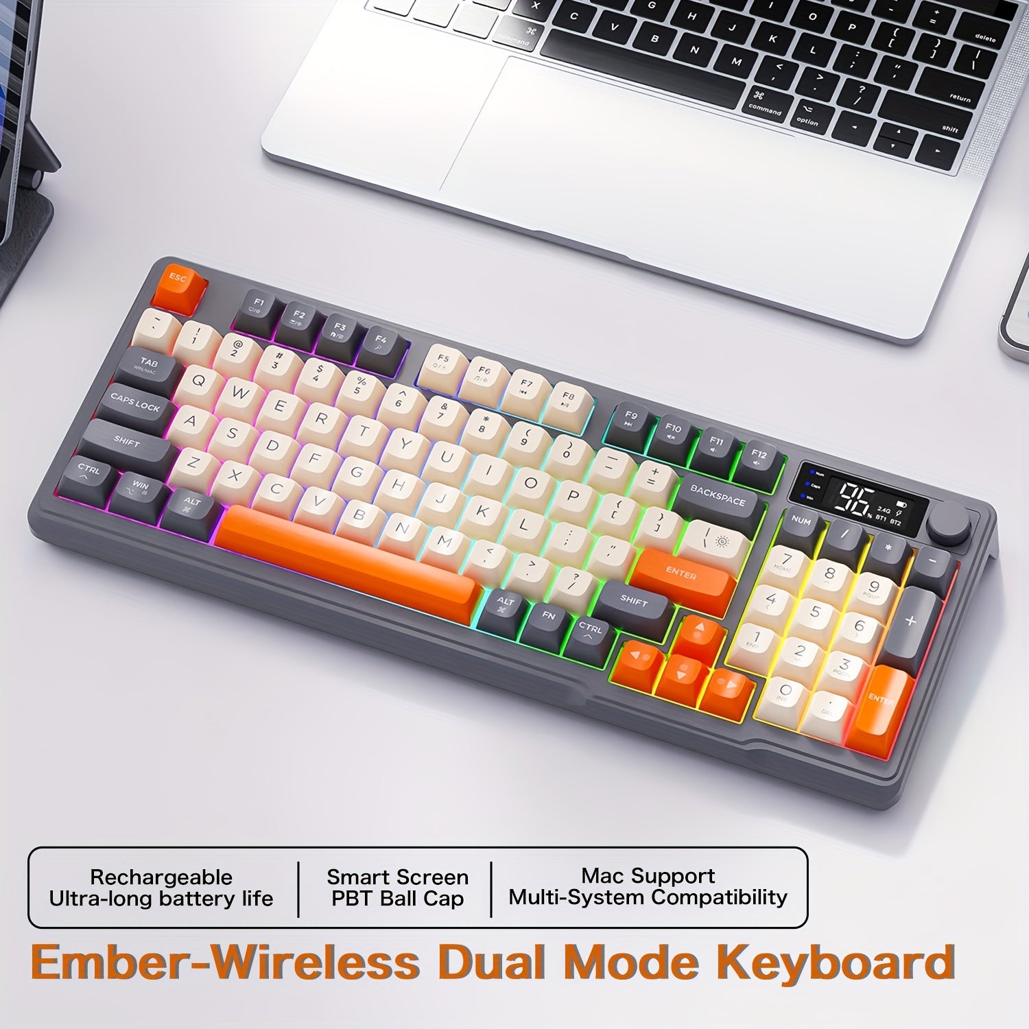 Dual-Mode Wireless Keyboard with Backlit Ergonomic PBT Ball Cap and USB Type-C Charging