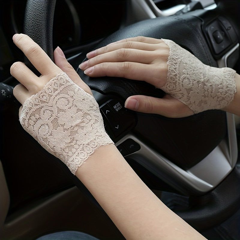 Geometric Lace Half Finger Wrist Sleeves with Thumb Hole for Summer Sunscreen Protection