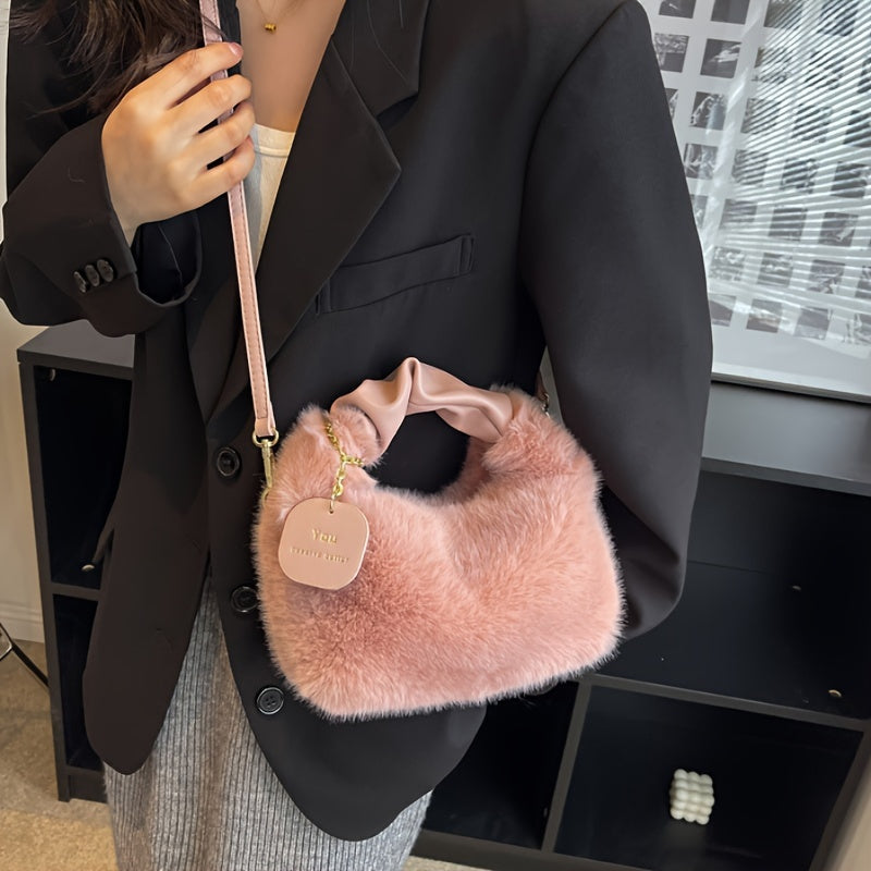 Faux Fur Crossbody Bag for Women Plush Zipper Closure Solid Color Autumn Winter