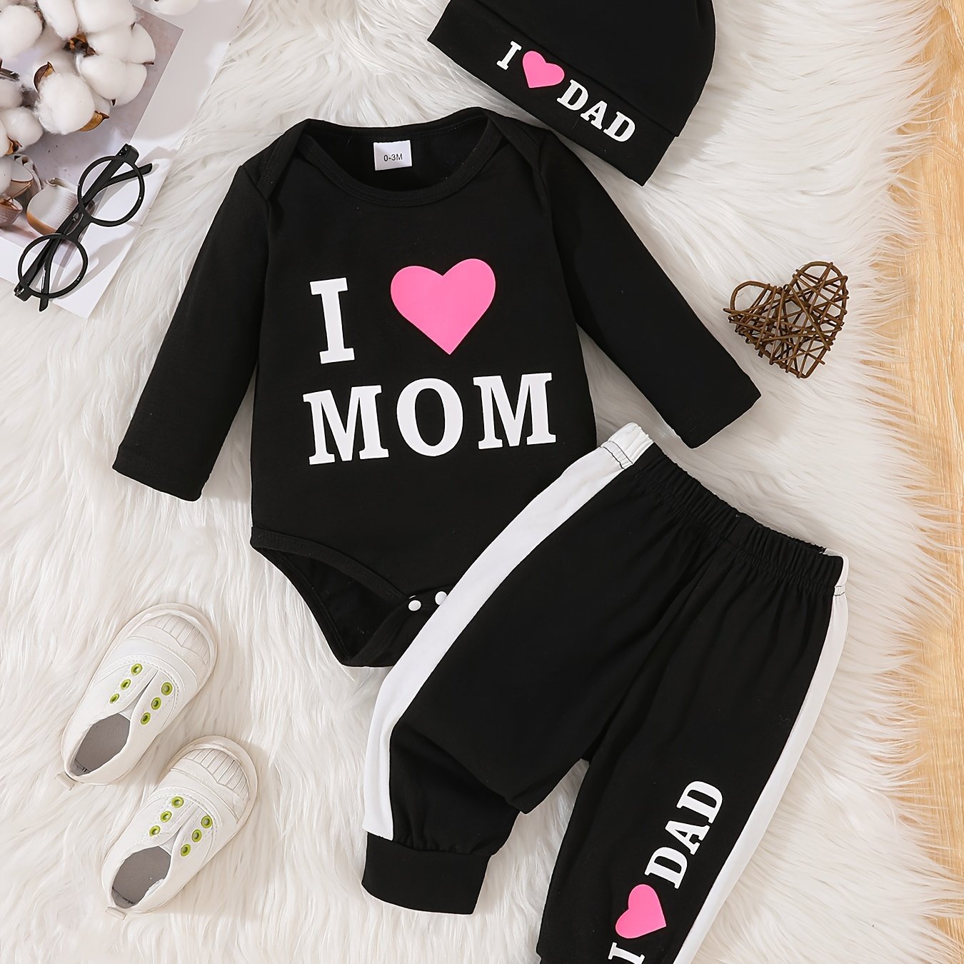 Baby Girl Boy 3-Piece Knit Pant Set with Matching Hat I Love Mom Dad Fall Winter