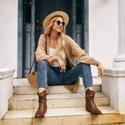 Women's Leather Western Cowboy Boots Pointed Toe Low Heel Side Zipper