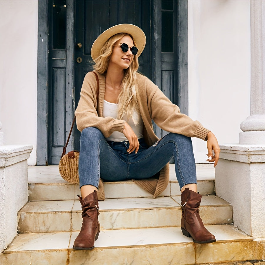 Women's Leather Western Cowboy Boots Pointed Toe Low Heel Side Zipper