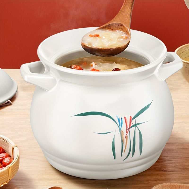 White Hand-Painted Chinese Soup Pot Non-Stick Heat-Resistant Cookware for Soup Rice Slow Cooking