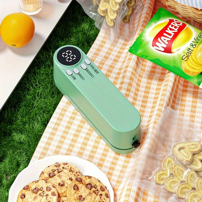 Bir tugma bilan ishlaydigan portativ vakuum yopishtiruvchi, tez yopish va joyni tejash uchun mo'ljallangan. Gazaklar, go'shtlar, mevalar va sabzavotlar uchun mos. Oshxonalarda uzoq muddatli oziq-ovqat saqlash uchun ideal.