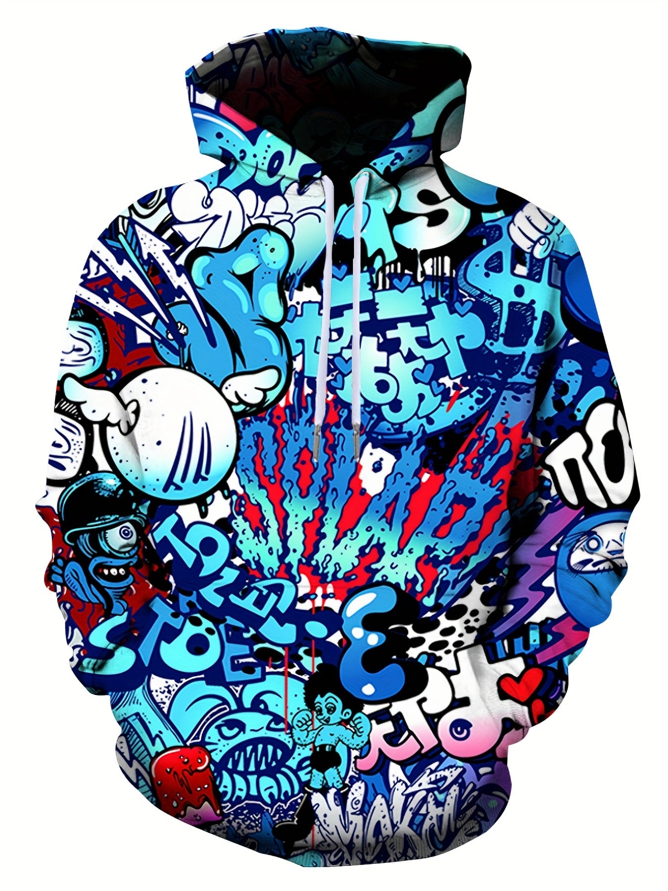 Men's Casual Sports Hoodie with All-Over Cartoon Print Knit Fabric Pockets Regular Fit