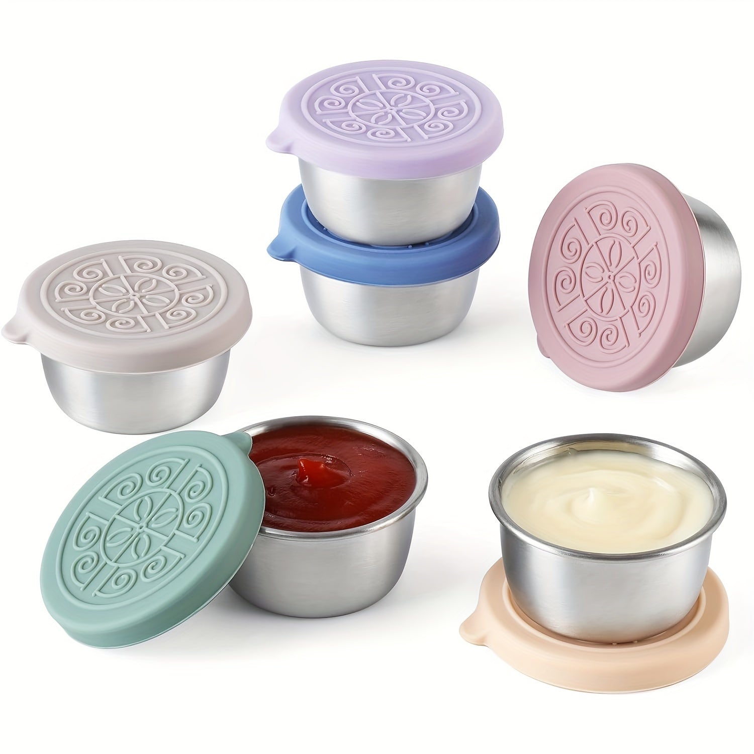 Stainless Steel Condiment Cup with Silicone Lid Leakproof Rust-Resistant Flower Pattern Multicolor