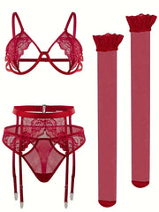 Lingerie Set 4-Piece Lace Detailing See-Through Stockings Garter Belt