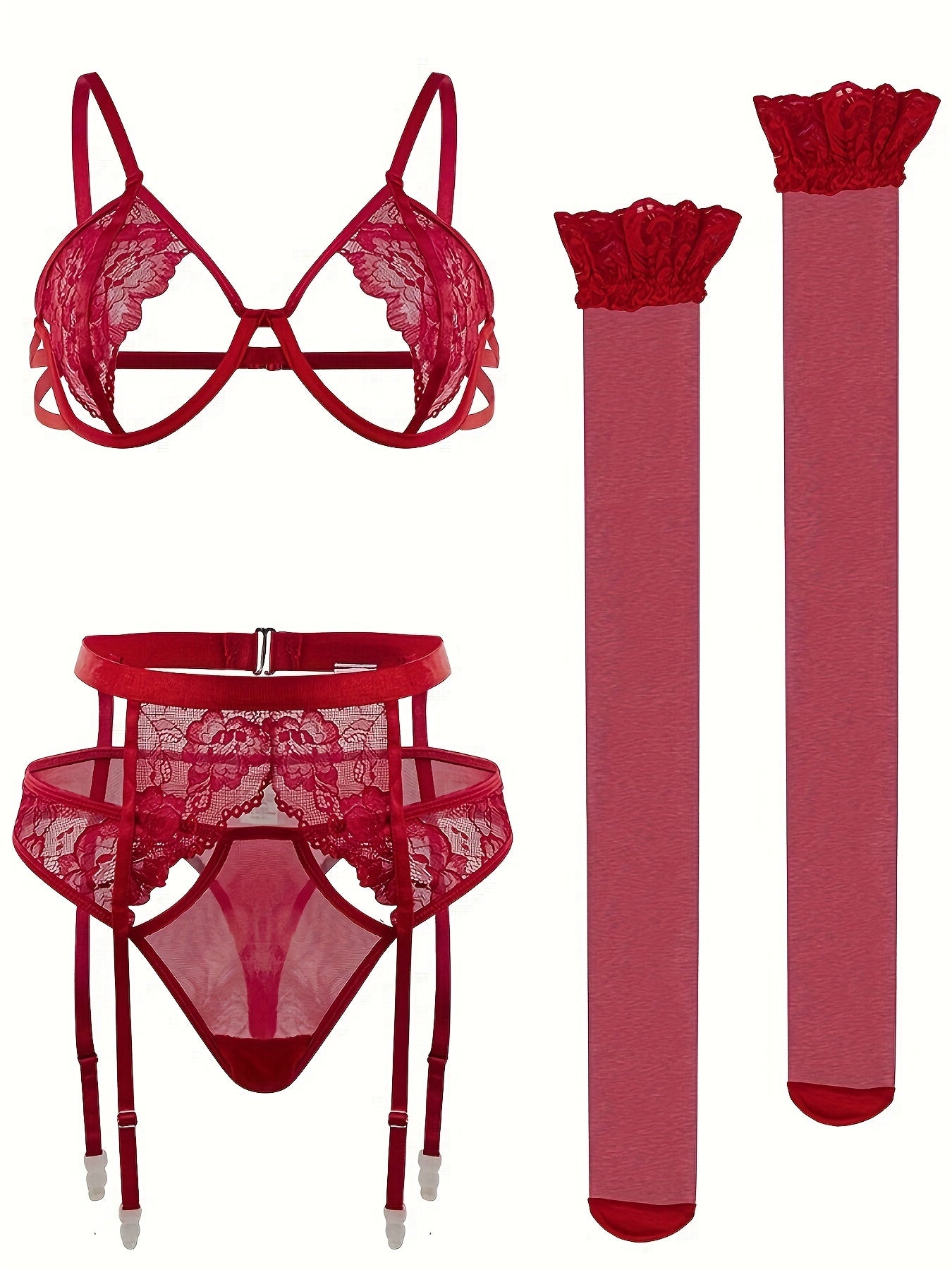 Lingerie Set 4-Piece Lace Detailing See-Through Stockings Garter Belt