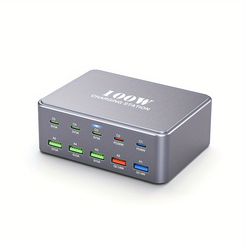 Cargador rápido USB C 100W GaN, concentrador de 10 puertos para iPhone, iPad y dispositivos Samsung