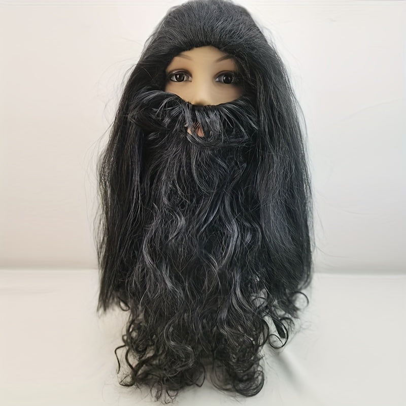 Set of 3 Men's Long Black Wigs and Beards for Halloween Caveman Costume