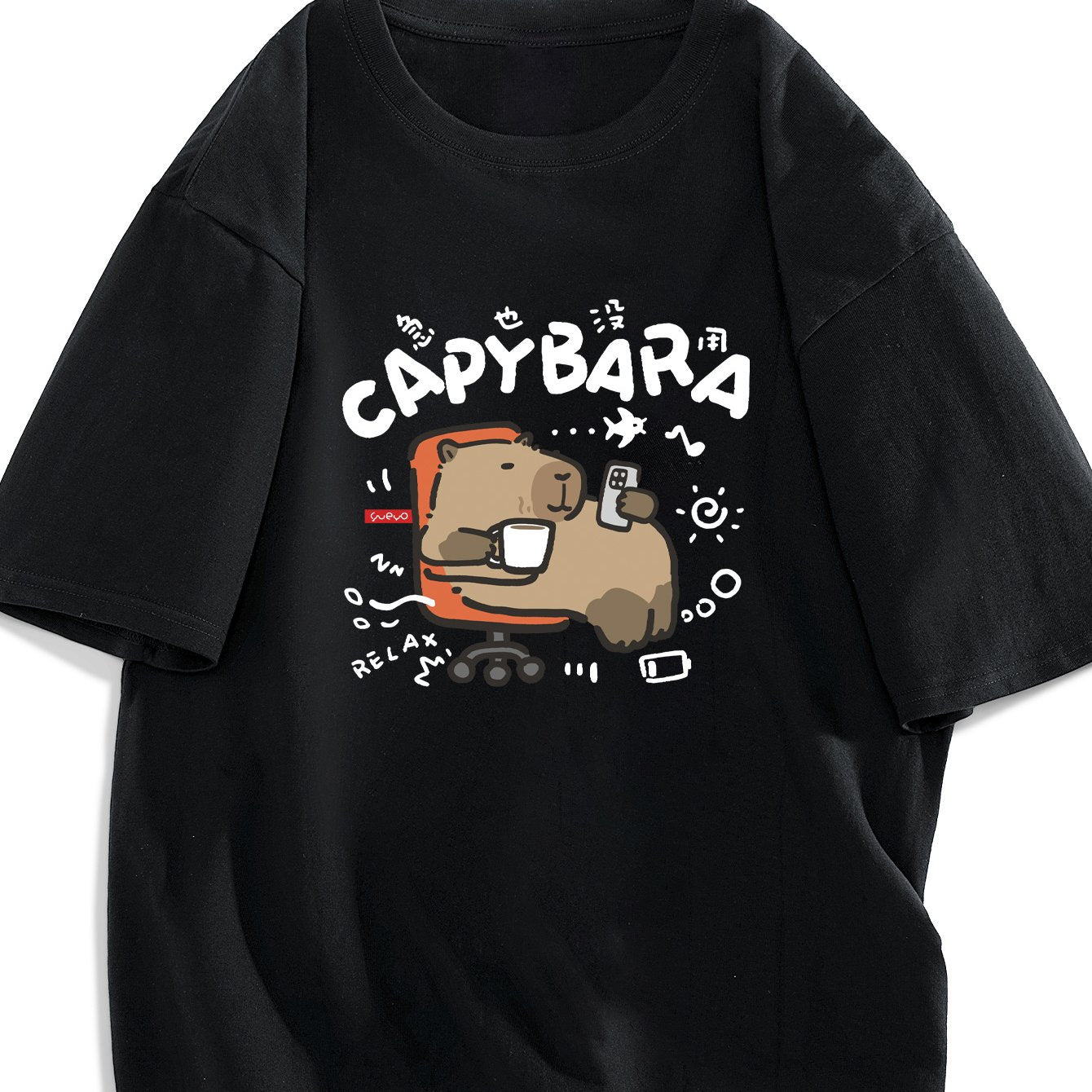 "Kapibara printli paxta T-shirt - o'smirlar uchun oddiy kesimli, yumshoq bo'yinli, 100% paxta to'qimadan tayyorlangan, biroz cho'ziluvchan. Yozgi tasodifiy hip-hop uslubidagi juftlar uchun yuqori kiyim."