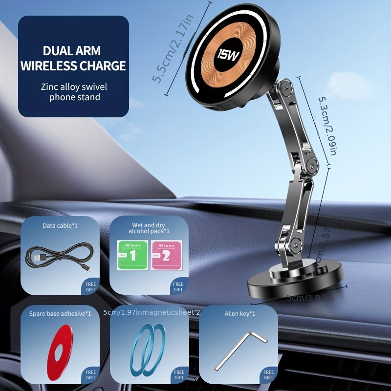 Wireless Car Phone Charger 15W Magnetic Wireless Charger 360° Rotation Telescopic Angle for Apple Phones