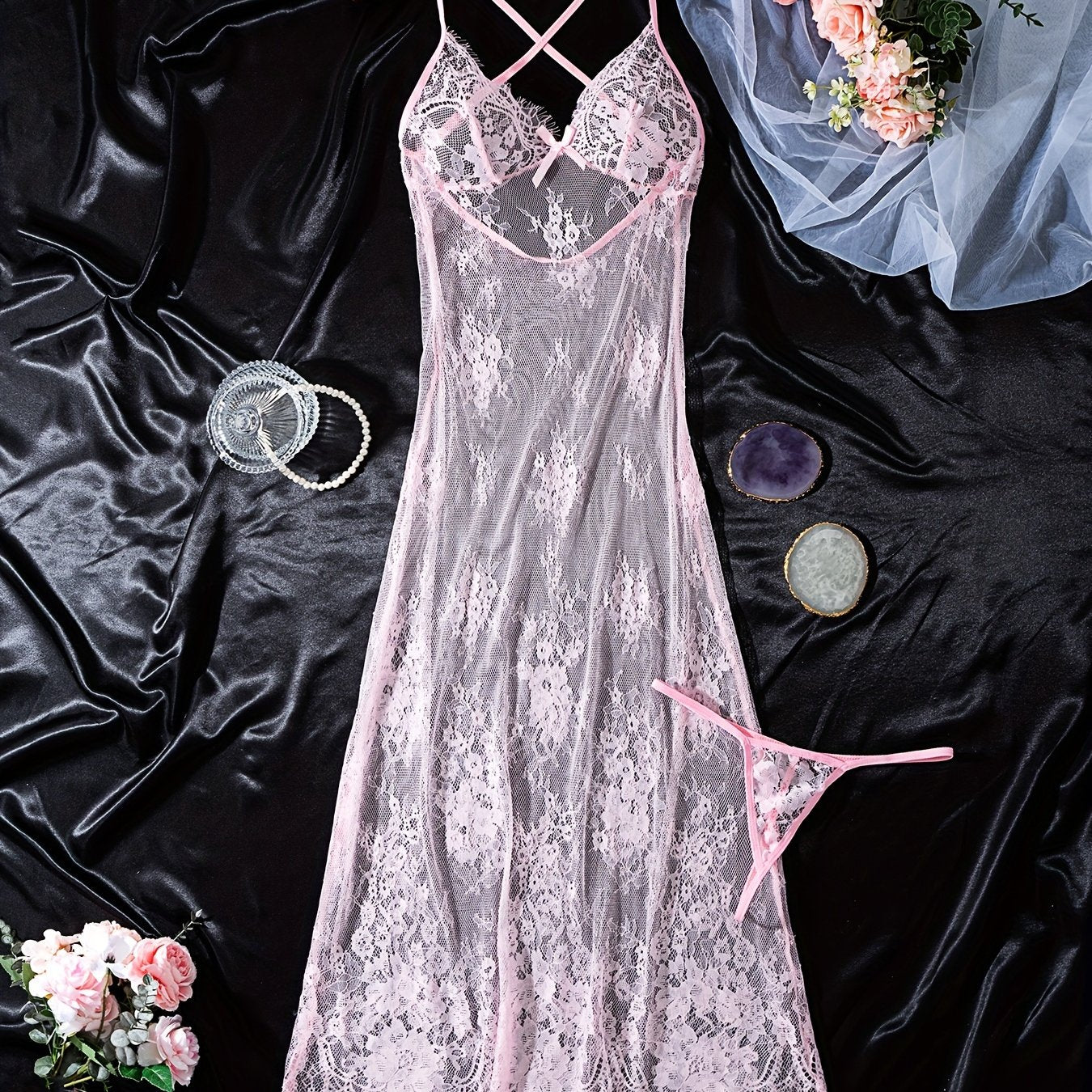 Women's Lace Dress with Deep V Back and See-Through Design