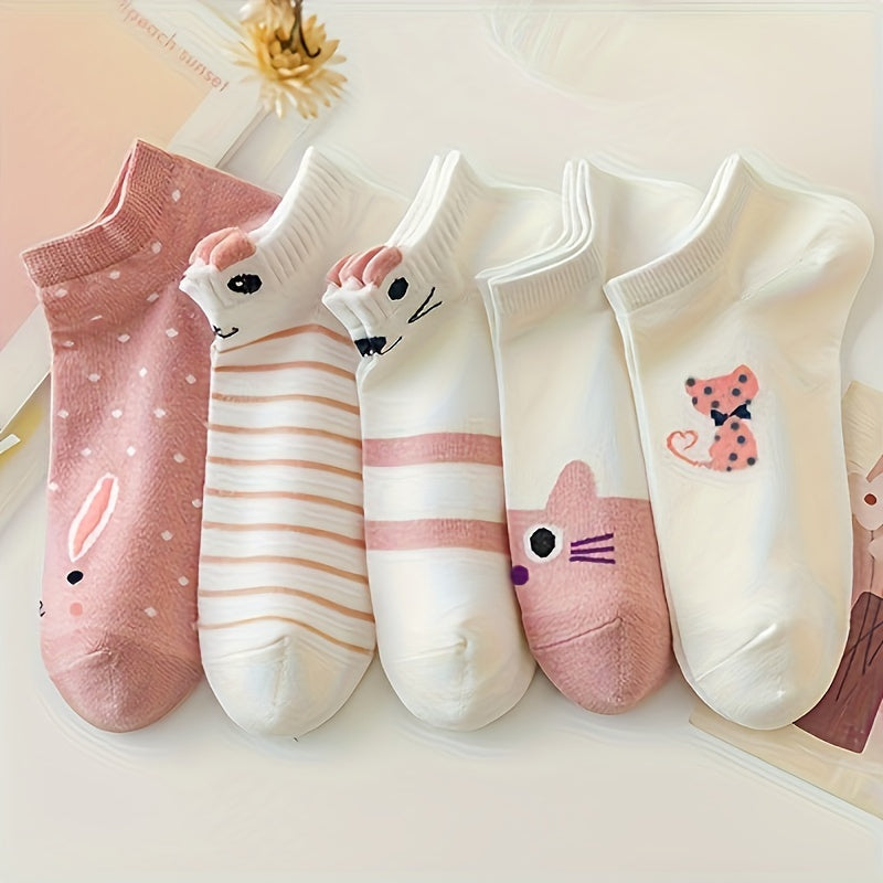 Women's Ankle Socks 5 Pairs Cartoon Cat Print Breathable Polyester Spandex Knit