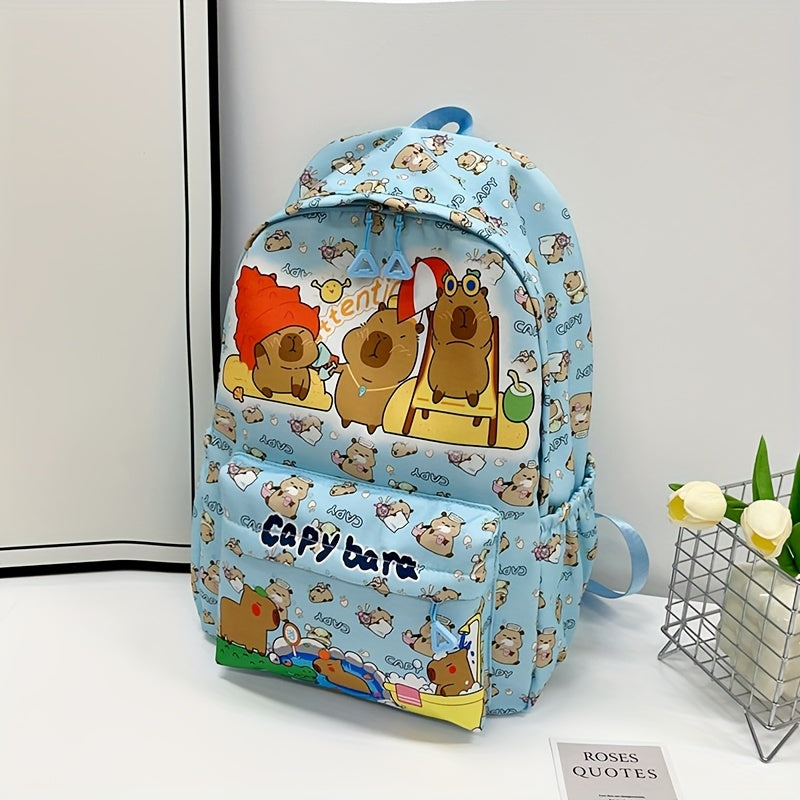 Cute Capybara Pattern Backpack Large Capacity Nylon School Bag with Adjustable Straps