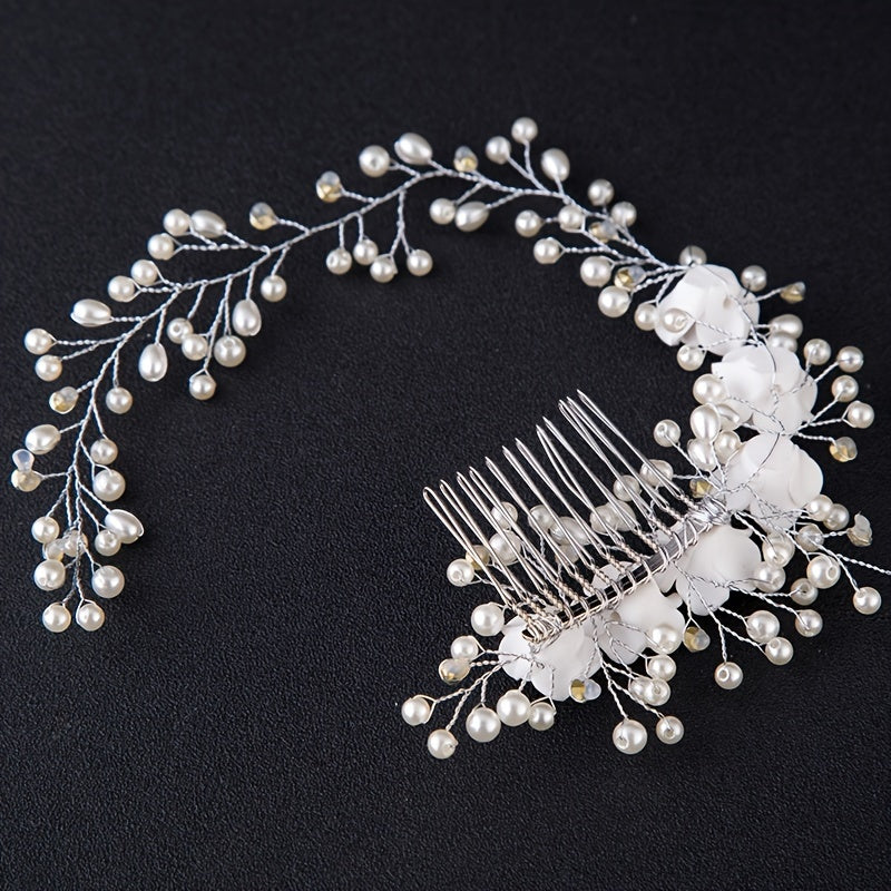 Faux Pearl Headband for Brides with Rose Detailing Wedding Hair Accessory