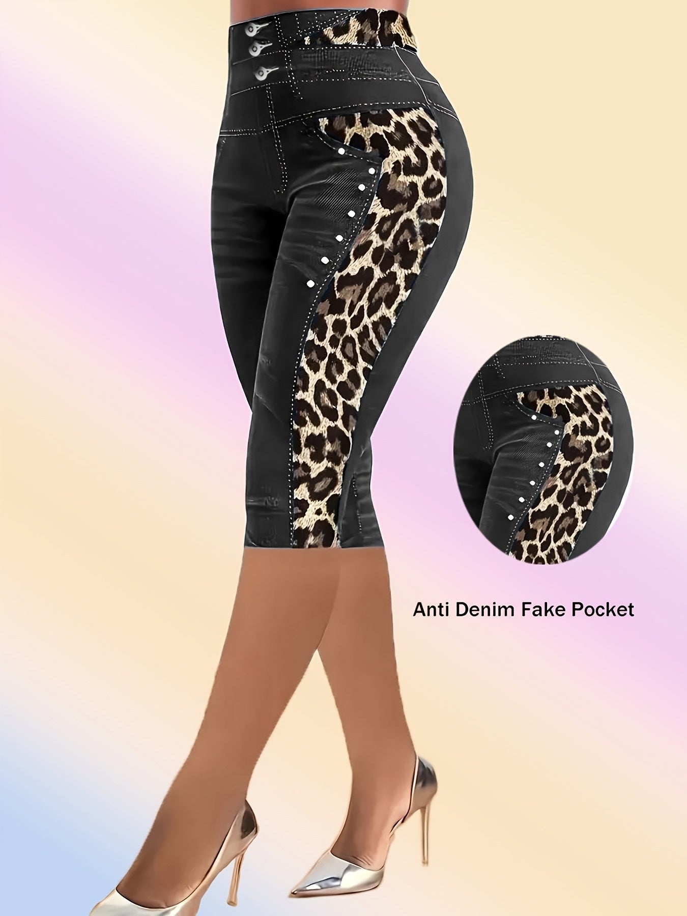 Plus Size Women's High-Stretch Imitation Denim Mid-Length Leggings with Leopard Print