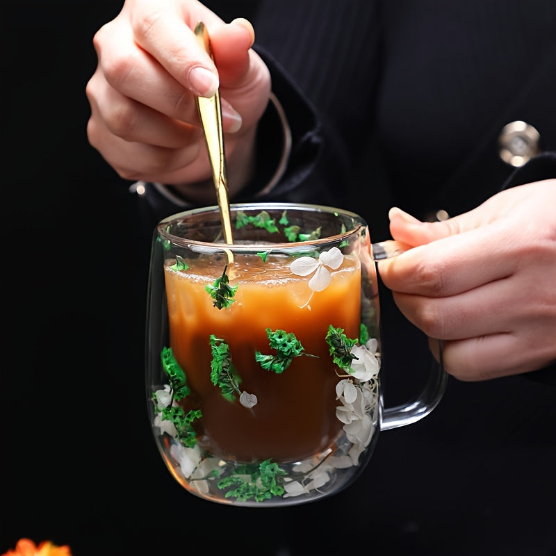 Double Layer Glass Coffee Mug with Flower Design Reusable Office Home Use