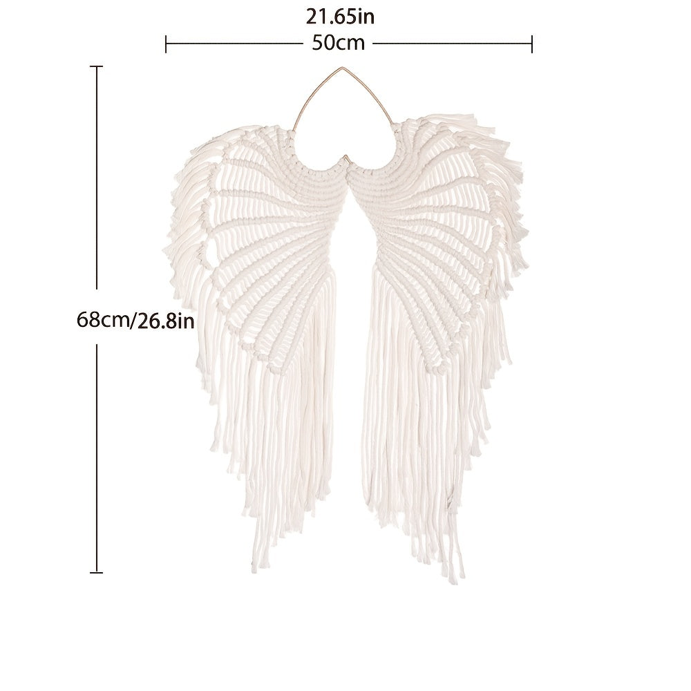 Handmade Macrame Wall Hanging Angel's Wing Design with Long Tassels Bohemian Cotton Home Decor