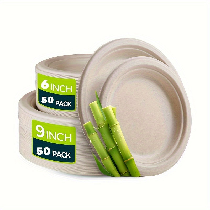 Set of 100 Heavy Duty Sugarcane Fiber Disposable Paper Plates for Parties