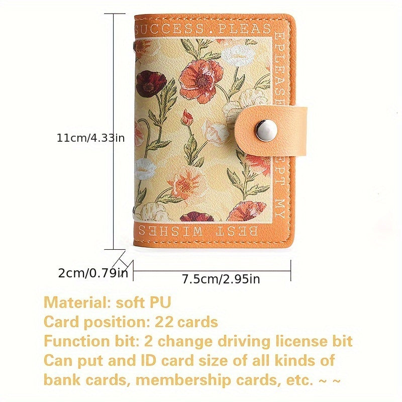 Sintetik charmli ayollar uchun hamyon, bir nechta karta joylari, tugmachali yopilish va yorqin atirgul dizayni bilan.