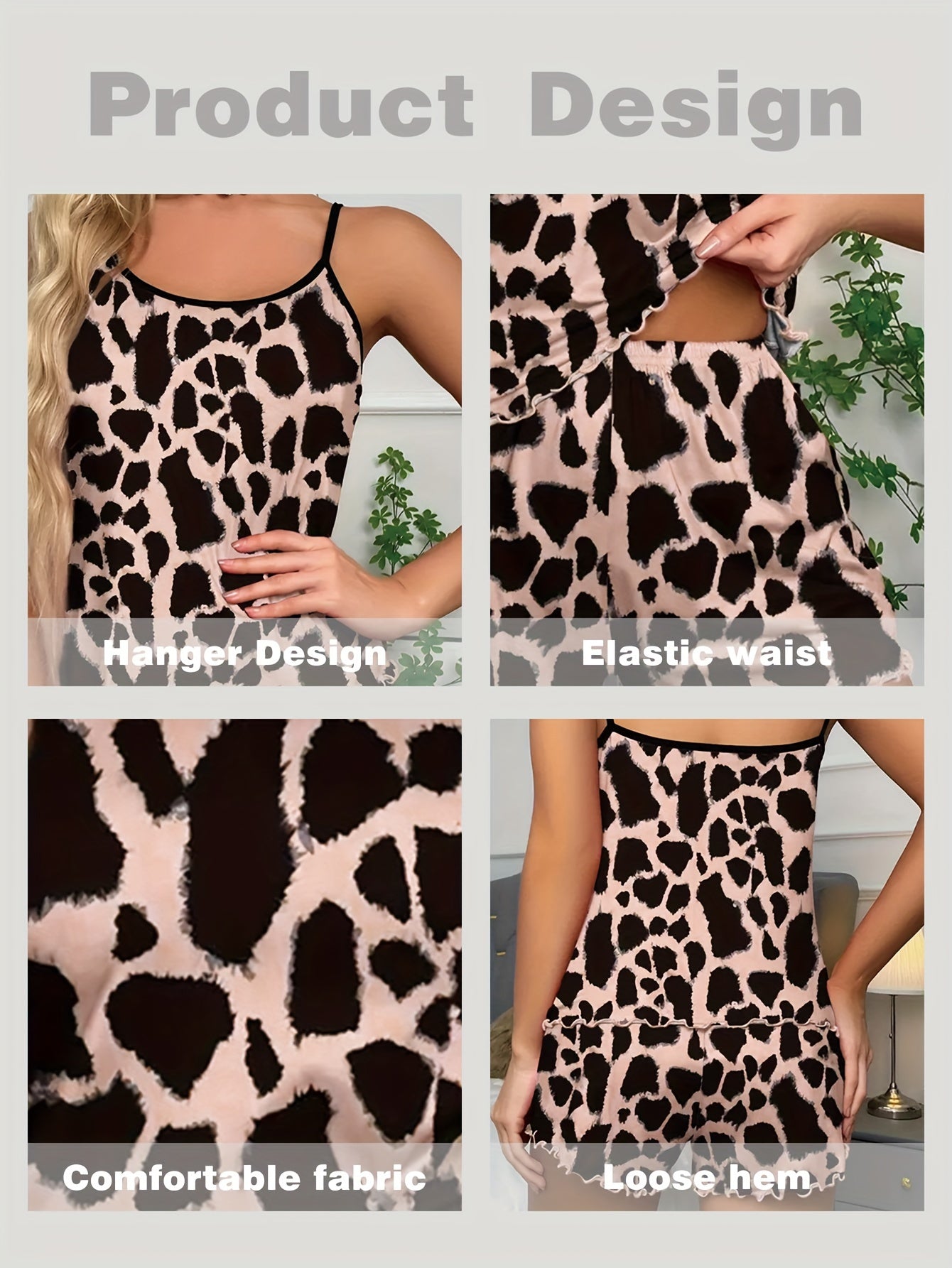 Yarim qopqoq bilan leopard naqshli pijama to'plami, orqasi ochiq kamizol, elastik shortik - ayollar uchun uyqu kiyimlari.