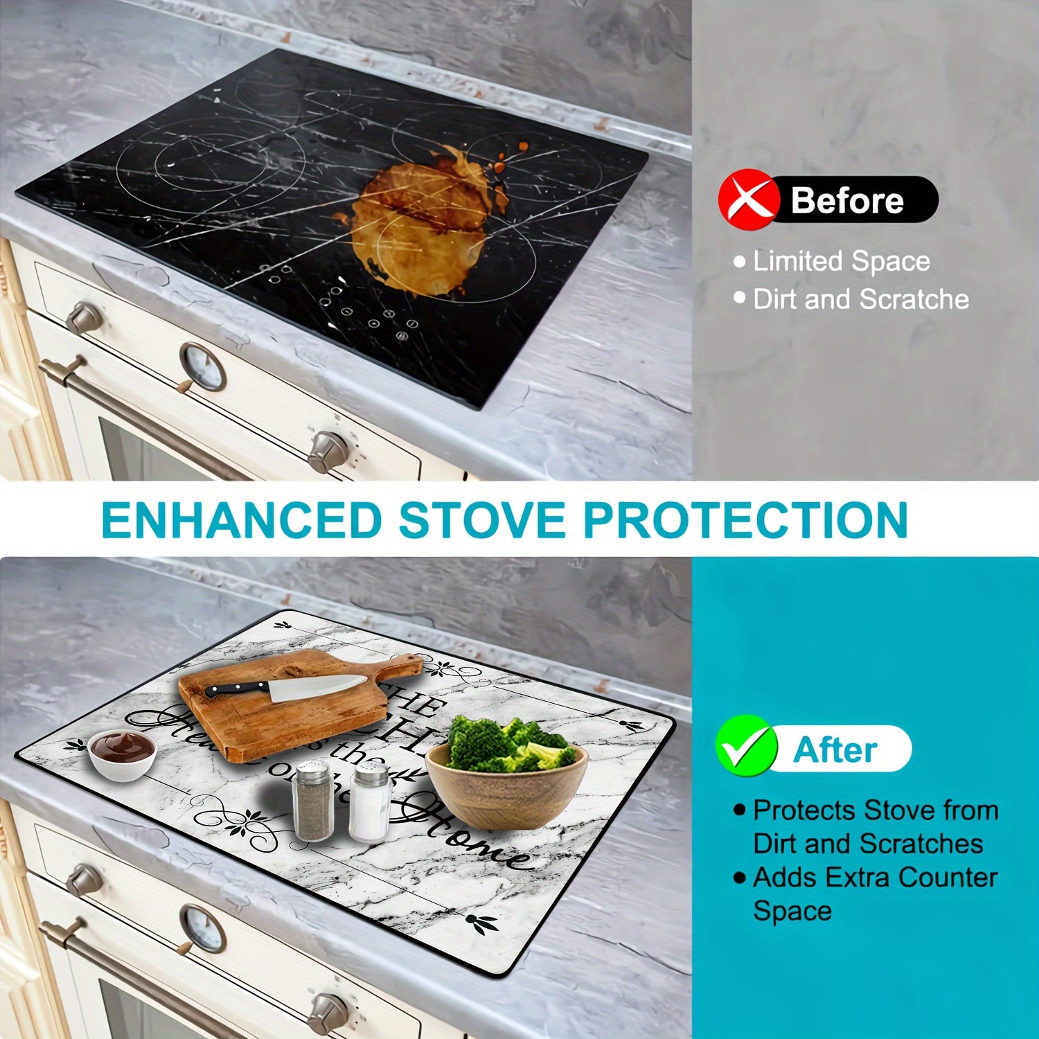 Oq marmar pechka usti qopqog'i 28.5x20.5 dyuym, issiqlikka chidamli, chizishga qarshi, sirpanishga qarshi himoya