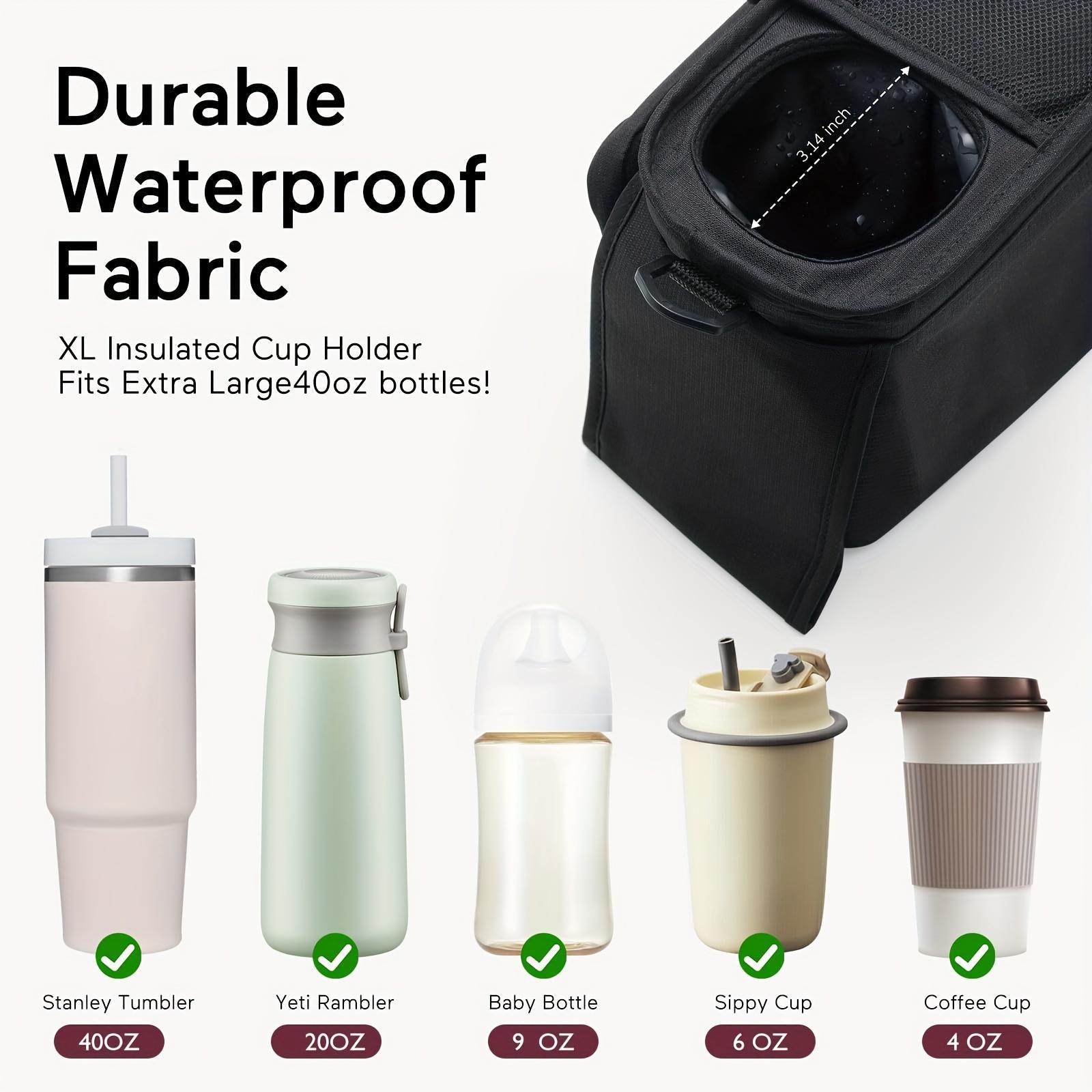 Organizador multifuncional para cochecito con portavasos aislado, bolsillo para teléfono y correa para el hombro